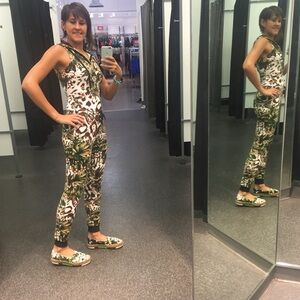 bebe Green Leopard Tropical Print Jumpsuit